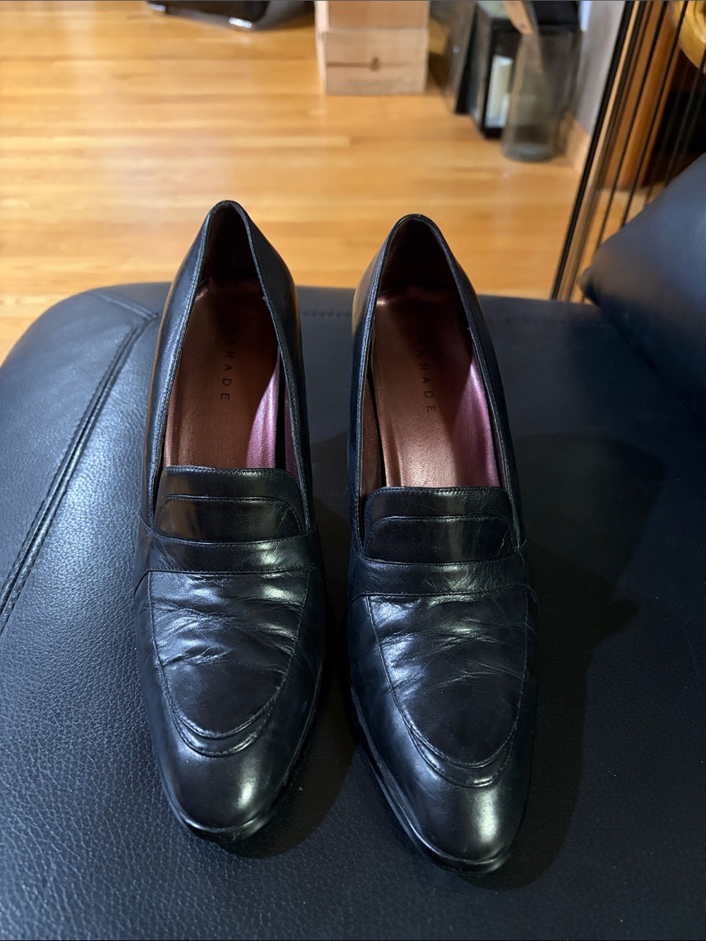 Women's Black Leather Heeled Loafers